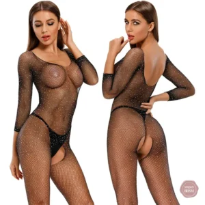 Bodysuit sexy femme en maille érotique avec strass