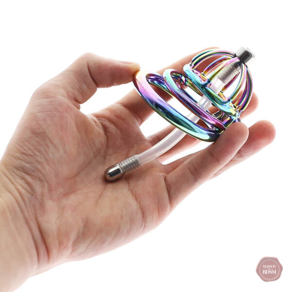 Cage à pénis avec design multicolore et cathéter