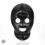 Cagoule BDSM en similicuir noir, accessoire de jeu érotique