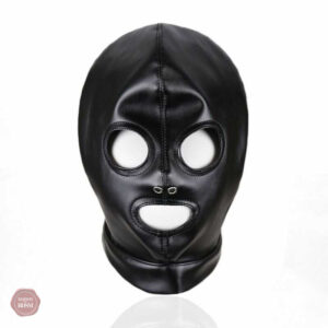 Cagoule BDSM en similicuir noir, accessoire de jeu érotique