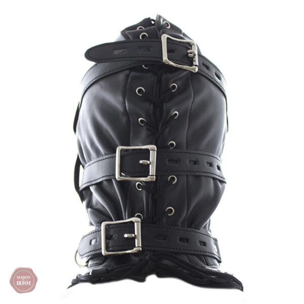 Accessoire de domination, cagoule en cuir noir