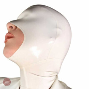 Cagoule en latex avec bouche ouverte pour pratiques BDSM