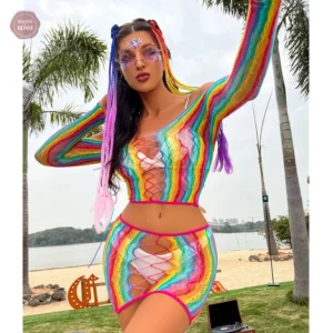 Combinaison résille sexy arcenciel pour travestis