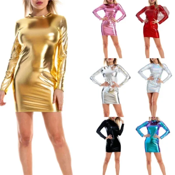 robe-moulante-mini-en-cuir-pu-femmes-brillant-metallique-1 Robe moulante mini en cuir PU pour femmes